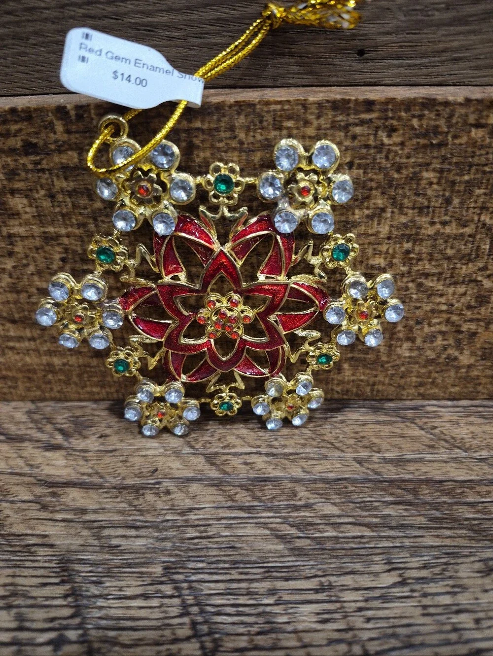 Vintage Oldstock Elegant Red Enamel & Crystal Poinsettia Snowflake Ornament